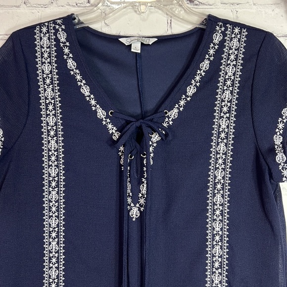 Speechless Size Large Navy/White Embroidered Lace Corset Tie Front Shift Dress - Picture 2 of 10